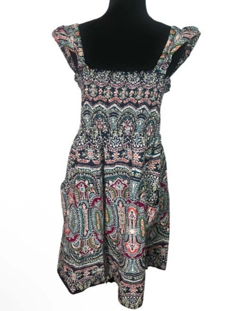 Pure Energy Sz 4 Y2K Abstract Tropical Print Smocked Ruffle Sun Dress Pockets